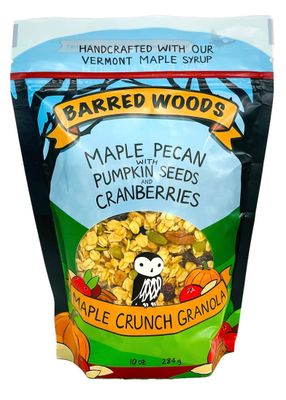 Barred Woods Maple Crunch Granola - Maple Pecan with Pumpkin Seeds and Cranberries - Sweetened With Only Our Own Vermont Organic Maple Syrup and Maple Sugar - 10oz Bag (Case of 3 Bags)