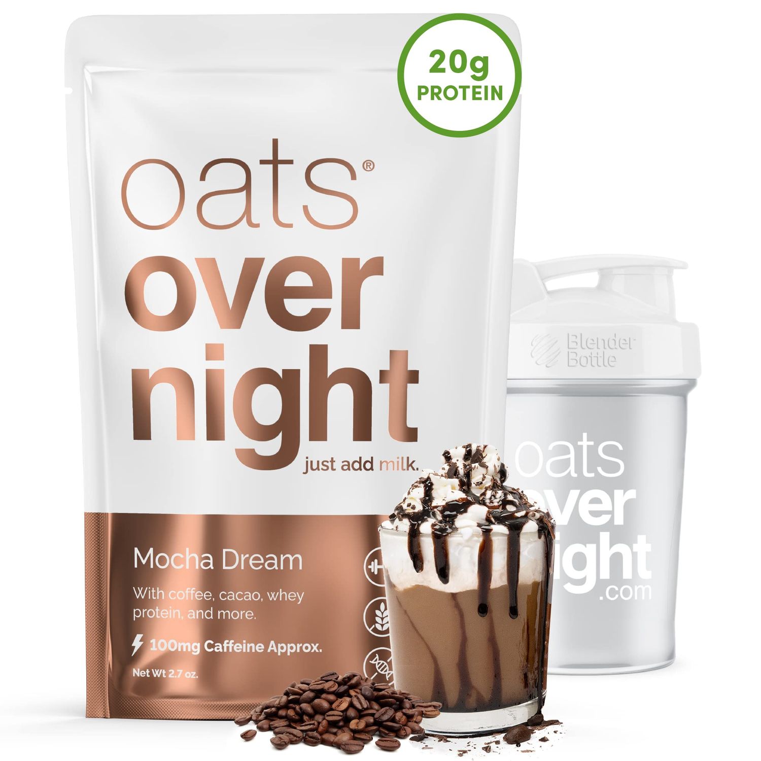 Oats Overnight - Mocha Dream - 20g Protein, High Fiber Breakfast Shake 100mg Caffeine - Gluten Free, Non GMO Oatmeal (2.7 oz per meal) (8 Pack + BlenderBottle)