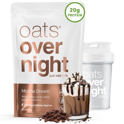 Oats Overnight - Mocha Dream - 20g Protein, High Fiber Breakfast Shake 100mg Caffeine - Gluten Free, Non GMO Oatmeal (2.7 oz per meal) (8 Pack + BlenderBottle)