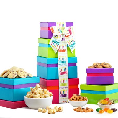 Broadway Basketeers Gourmet Chocolate Gift Tower - Birthday Snack Box with Sweet and Savory Treats