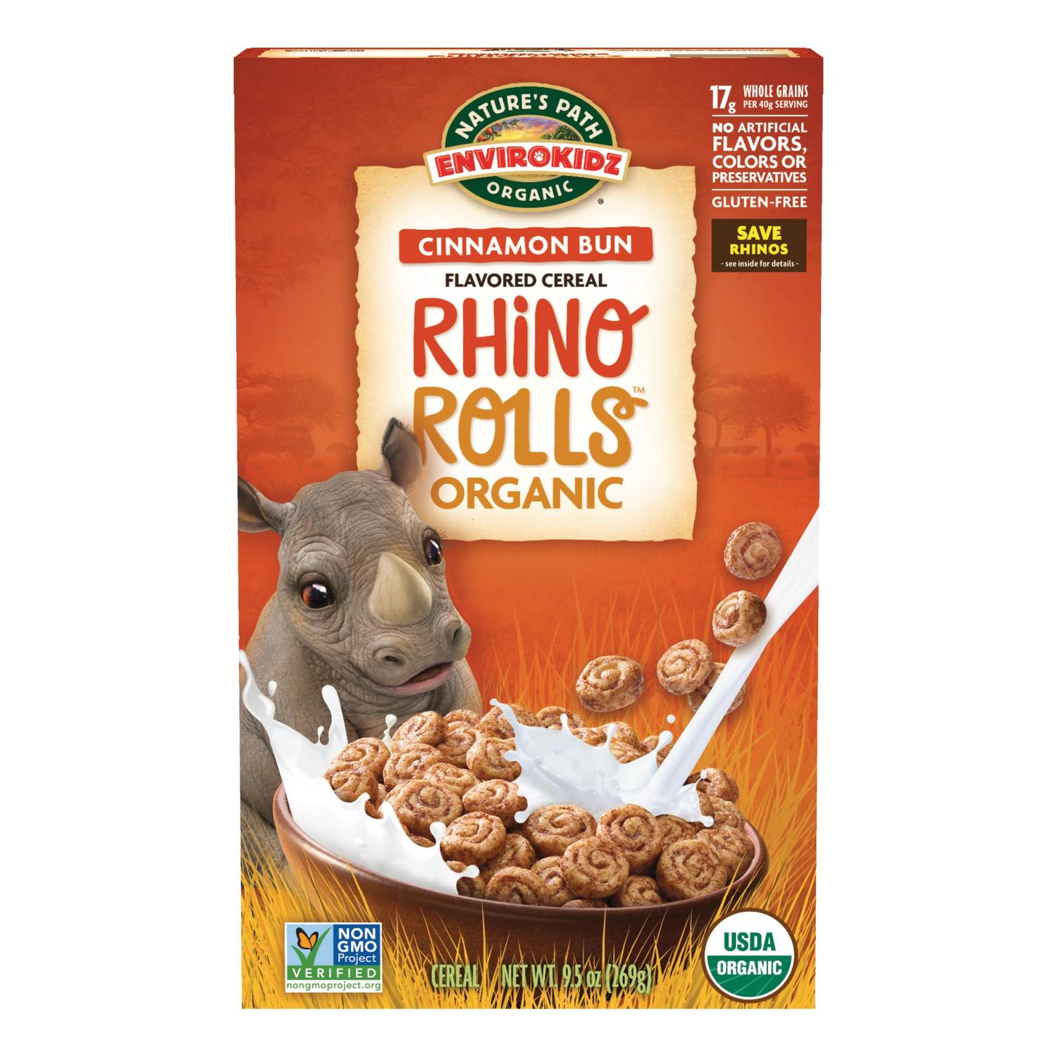 EnviroKidz Organic Rhino Rolls Cereal, 9.5 oz (Pack of 1), Cinnamon Bun, Gluten Free, Non-GMO, by Nature&#39;s Path