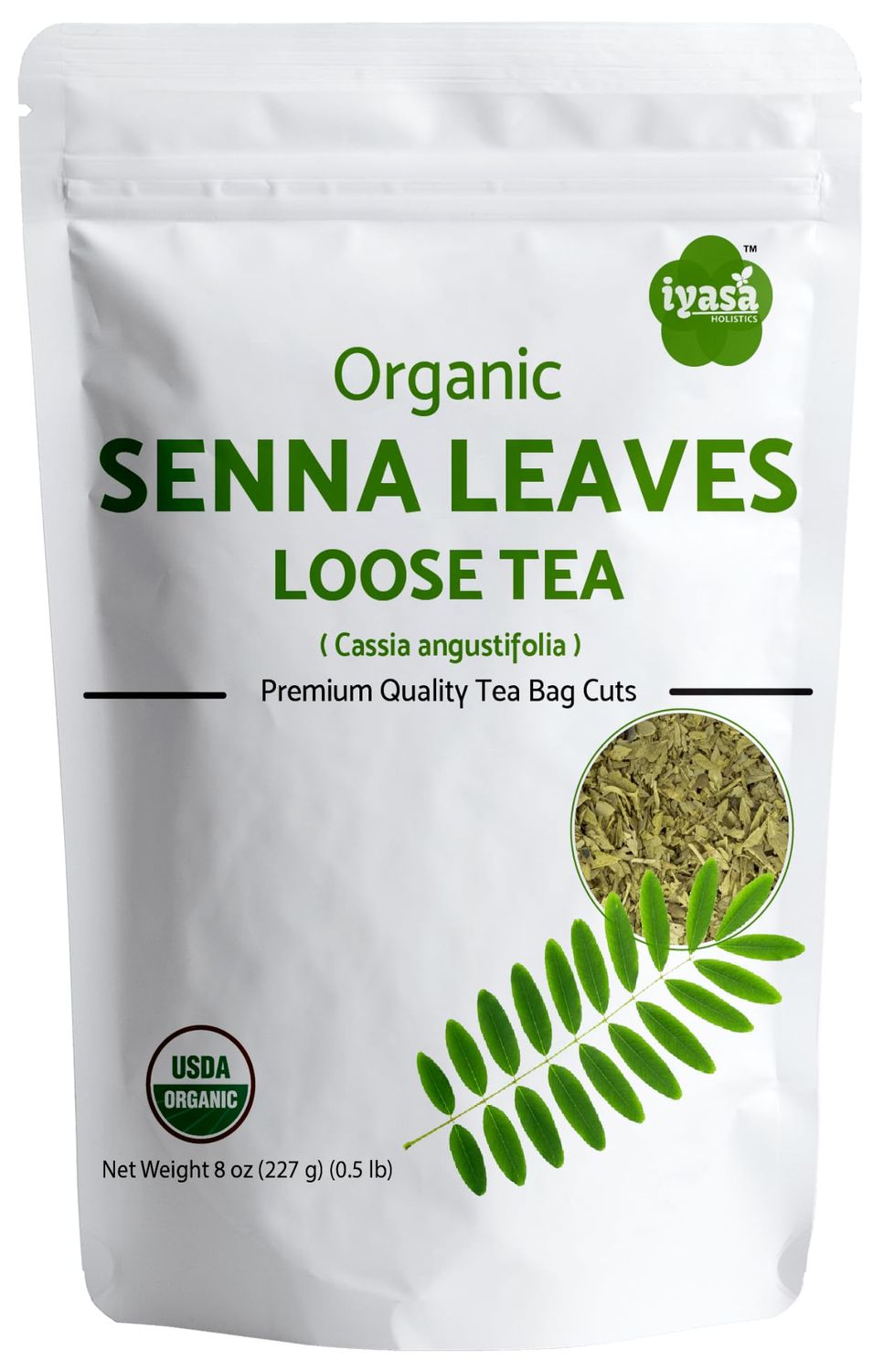 Iyasa Holistics Organic Senna Leaves Loose Tea,Cut and Sifted Loose, Relaxing, Caffeine Free, Night Time Tea, Resealable Pack 08 Ounce