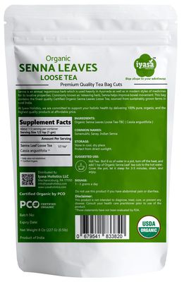 Iyasa Holistics Organic Senna Leaves Loose Tea,Cut and Sifted Loose, Relaxing, Caffeine Free, Night Time Tea, Resealable Pack 08 Ounce