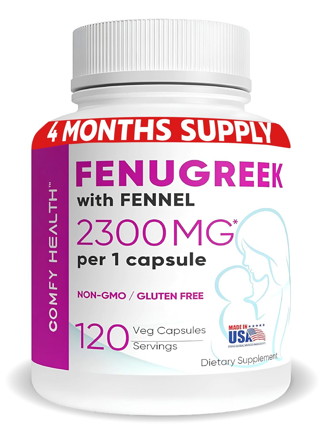 COMFY HEALTH Breastfeeding Fenugreek Capsules With Fennel For Lactation, 2300mg Per Capsule, 120 Count, Fenugreek Pills Non-GMO, Gluten Free Fenugreek Seeds Extract Supplements, Fenogreco Capsulas