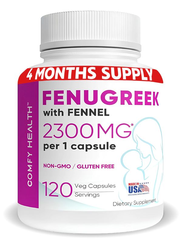 COMFY HEALTH Breastfeeding Fenugreek Capsules With Fennel For Lactation, 2300mg Per Capsule, 120 Count, Fenugreek Pills Non-GMO, Gluten Free Fenugreek Seeds Extract Supplements, Fenogreco Capsulas