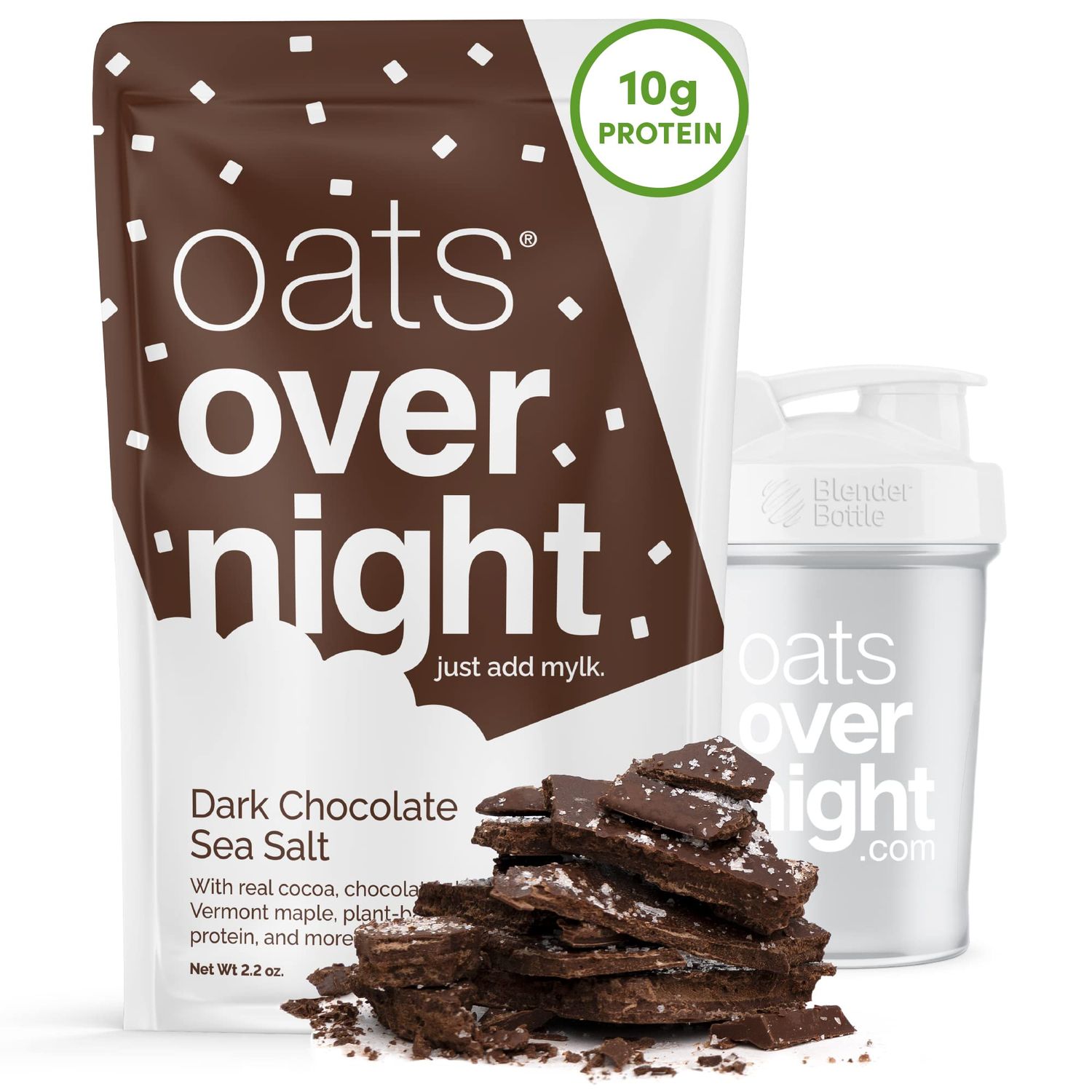 Oats Overnight - Dark Chocolate Sea Salt - Vegan, 10g Protein, High Fiber Breakfast Shake - Gluten Free, Non GMO Oatmeal (2.2 oz per meal) (8 Pack + BlenderBottle)