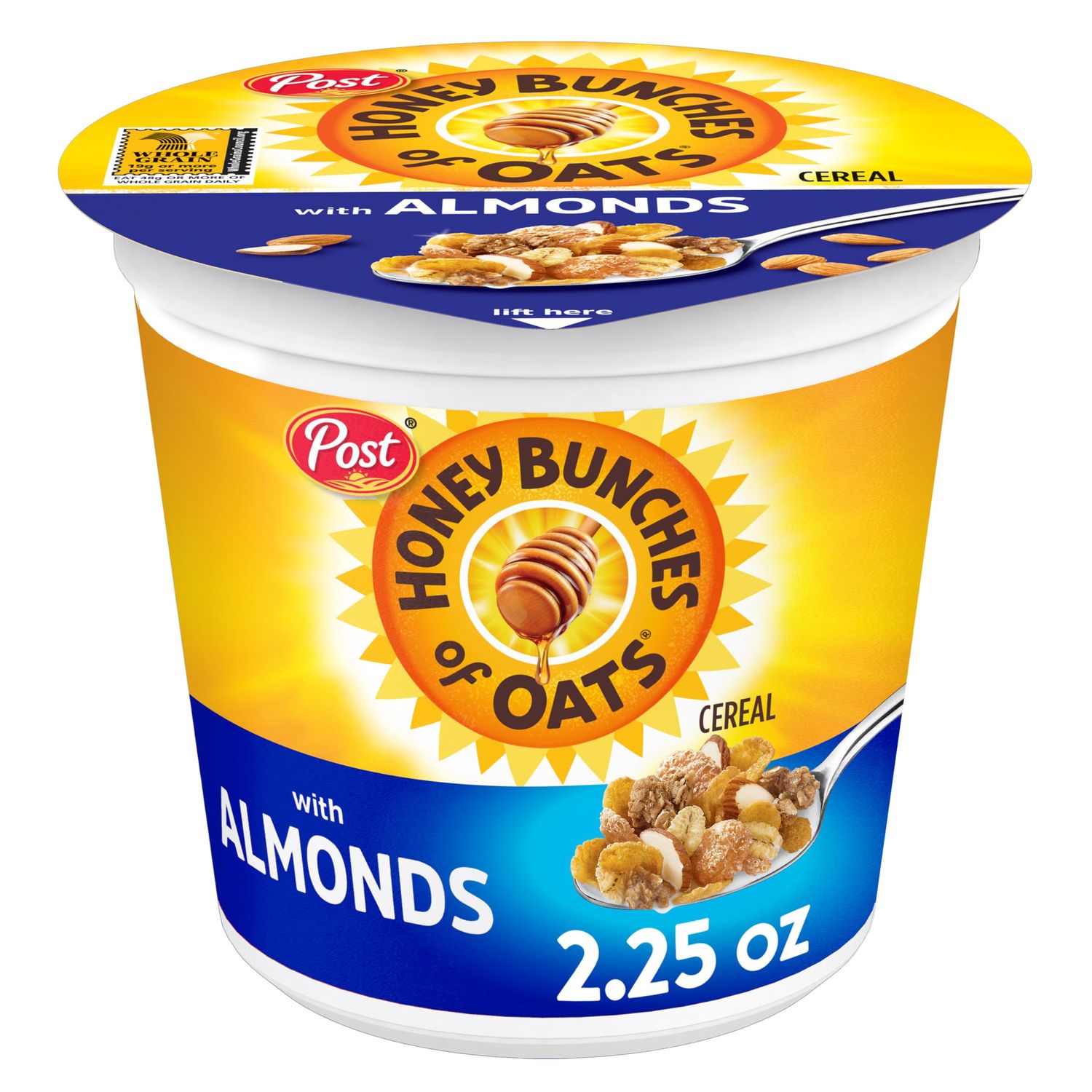 Post Honey Bunches of Oats with Almonds Breakfast Cereal, Honey Cereal with Granola Clusters and Sliced Almonds, Small Cereal Cup Size for Easy On-The-Go Breakfast, 2.25 OZ Cereal Cup (Pack of 12)