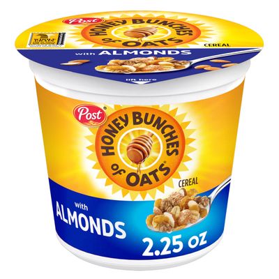 Post Honey Bunches of Oats with Almonds Breakfast Cereal, Honey Cereal with Granola Clusters and Sliced Almonds, Small Cereal Cup Size for Easy On-The-Go Breakfast, 2.25 OZ Cereal Cup (Pack of 12)