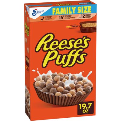 REESES PUFFS Chocolatey Peanut Butter Cereal, Kid Breakfast Cereal, Family Size, 19.7 oz