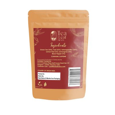 Tea Leaf &amp; Co. Tulsi Ashwagandha Loose Leaf Green Tea Pack (3.52oz/100gm), Lemon peel &amp; Black Pepper, 50 cups, Blended with Fresh Herbs and Spices, Low Caffeine Gluten Free