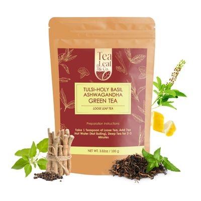 Tea Leaf &amp; Co. Tulsi Ashwagandha Loose Leaf Green Tea Pack (3.52oz/100gm), Lemon peel &amp; Black Pepper, 50 cups, Blended with Fresh Herbs and Spices, Low Caffeine Gluten Free