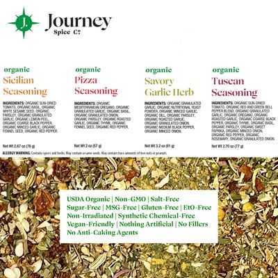 Gourmet Organic Italian Spice and Seasoning Gift Set by Journey Spice Co. | Salt-Free | Pizza Seasoning | Tuscan, Sicilian, Savory Garlic Herb