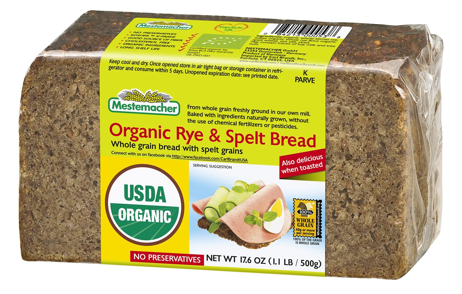 Mestemacher Bread, Organic Rye &amp; Spelt, 17.6 Ounce Packages (Pack of 12)