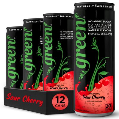 Green Sour Cherry- No added Sugar, 10% Real Sour Cherry Juice, 20 Calories per can, Naturally Sweetened with 100% Stevia Leaf Extract, Carbonated Soda, 12 Fl Oz each can - Pack of 12