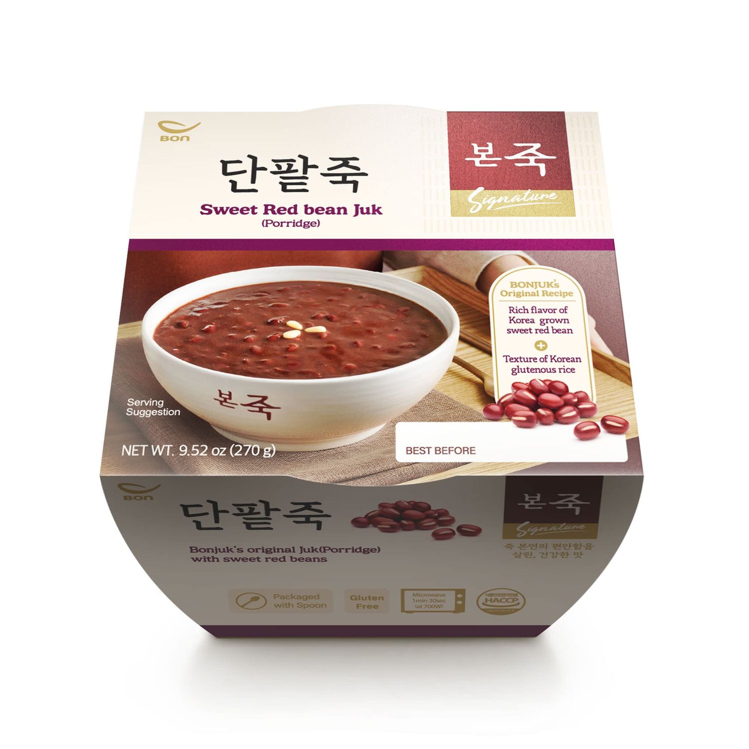 BONJUK Sweet Redbean Juk(Porridge) Bowl - Korean soup stew Kfood, Hearty Breakfast Oat Meal - 9.5oz(270g), bowl type