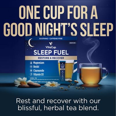 VitaCup Sleep Fuel Instant Tea Packets for Deep REM Sleep, Relax &amp; De-Stress w/Chamomile Tea, Magnesium, Vitamin D3, Coconut Water, Coconut Milk, Potassium, Calming Tea for Full Body Relaxation, 24Ct