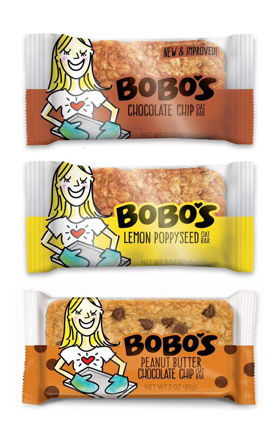 Bobo&#39;s Oat Bars, Variety Sampler Flavors, 3 oz Bar, 3 Chocolate Chip, 3 Lemon Poppyseed, 3 Peanut Butter Chocolate Chip, Gluten Free Whole Grain Snack and Breakfast Bar, 9 Pack