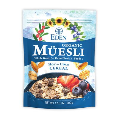 Eden Organic Muesli Cereal, Eat Hot or Cold, Oat, Rye, Wheat, and Spelt Flakes, Raisins, Cranberries, Wild Blueberries, Pumpkin and Sunflower Seeds, Overnight Oats, No Added Sugars, 17.6 oz