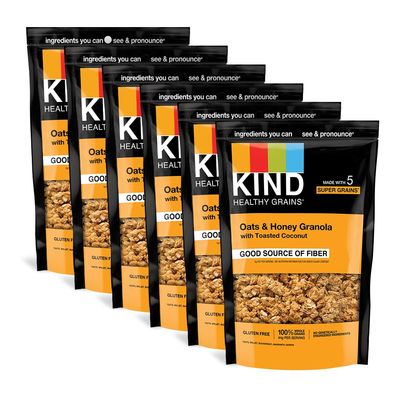 KIND HEALTHY GRAINS Granola, Healthy Snack, Oats &amp; Honey Granola with Toasted Coconut, Snack Mix 11 OZ (Pack of 6)