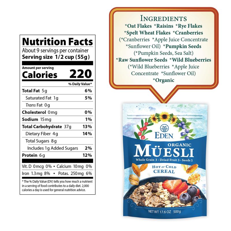 Eden Organic Muesli Cereal, Eat Hot or Cold, Oat, Rye, Wheat, and Spelt Flakes, Raisins, Cranberries, Wild Blueberries, Pumpkin and Sunflower Seeds, Overnight Oats, No Added Sugars, 17.6 oz