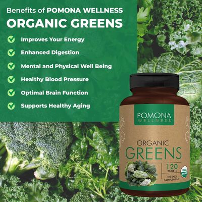 Pomona Wellness Super Greens Supplement, Full Of Superfood Vitamins &amp; Minerals, Fruits &amp; Vegetable, Greens Powder for Bloating and Digestion, Gut Health, USDA Organic, Non-GMO, 120 Tablets