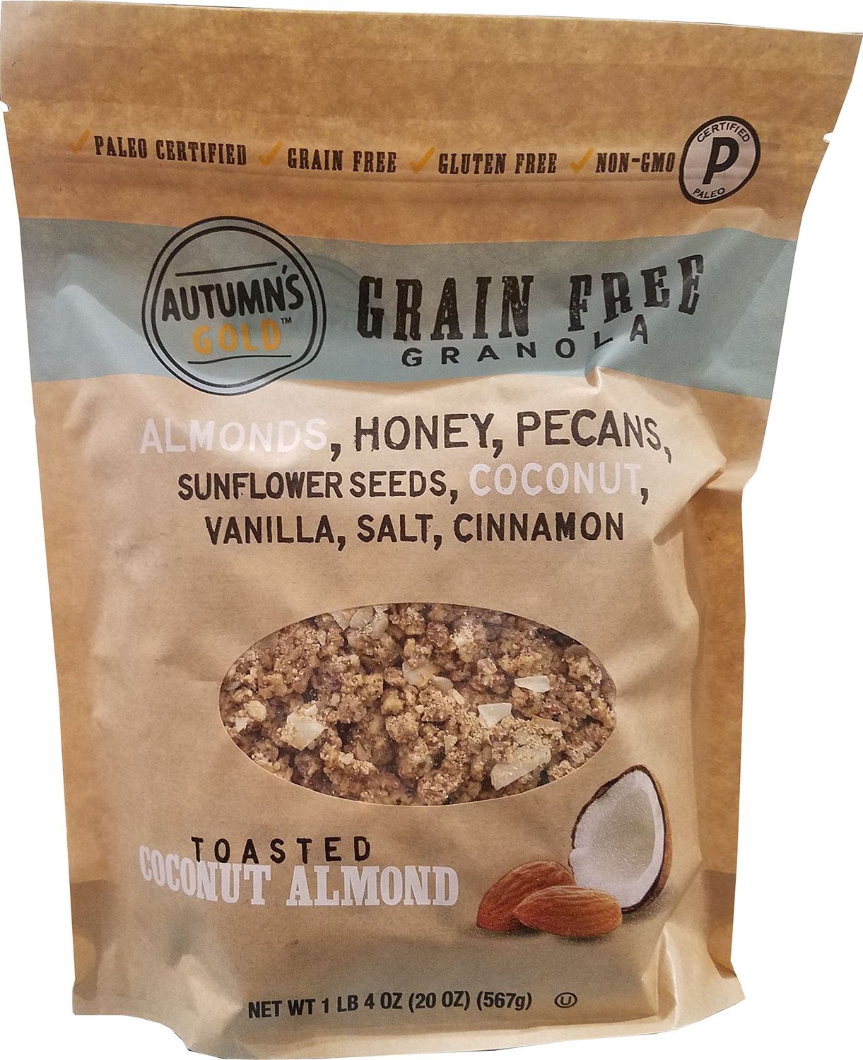 Autumn&#39;s Gold Grain Free Toasted Coconut Almond Granola 1.25LB 20 oz,Honey,Pecans,sunflower seeds,vinilla