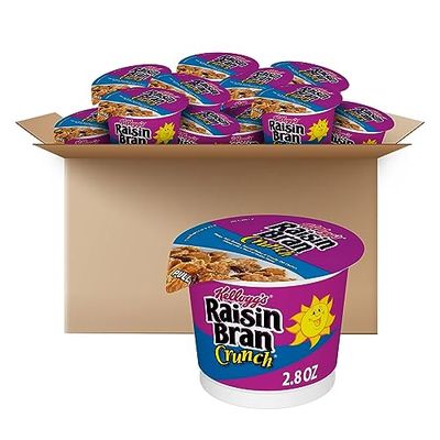 Kellogg&#39;s Raisin Bran Crunch Breakfast Cereal Cups, Fiber Cereal, Made with Real Fruit, Original, 33.6oz Case (12 Cups)