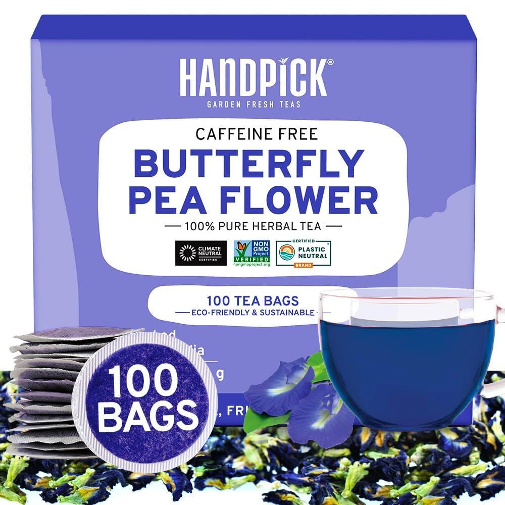 HANDPICK, Butterfly Pea Flower Tea (100 Herbal Tea Bags) | Caffeine Free, Non GMO | Premium Dried Butterfly Pea Flowers For Blue &amp; Purple Drinks, Food Coloring | Iced Teas, Coolers, Cocktails