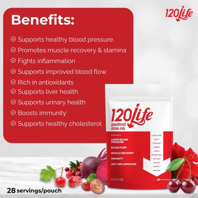 120/Life Blood Pressure Support, Organic Beet Root Powder Drink Mix with Pomegranate Powder, Cranberry Supplement, Tart Cherry, Hibiscus, and Magnesium (28 Servings) - Sugar-Free Juice, Vegan