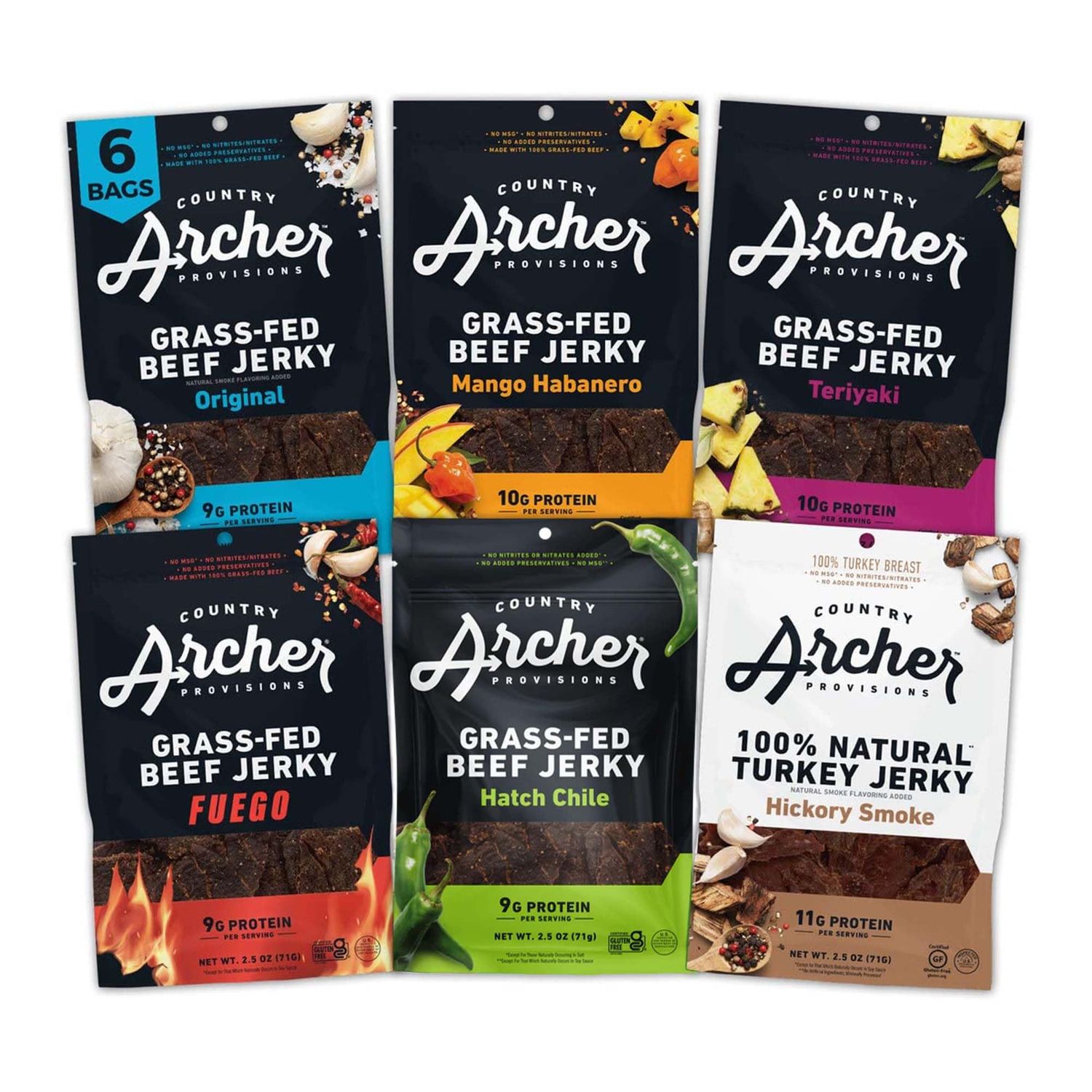 Country Archer Grass-Fed Beef Jerky Variety Pack- Beef Jerky Snack Packs, Beef Jerky Assortment, Jerky Sampler, Original, Mango Habanero, Teriyaki, Fuego, Hatch Chile, Turkey Jerky- 2.5 oz (Pack of 6)