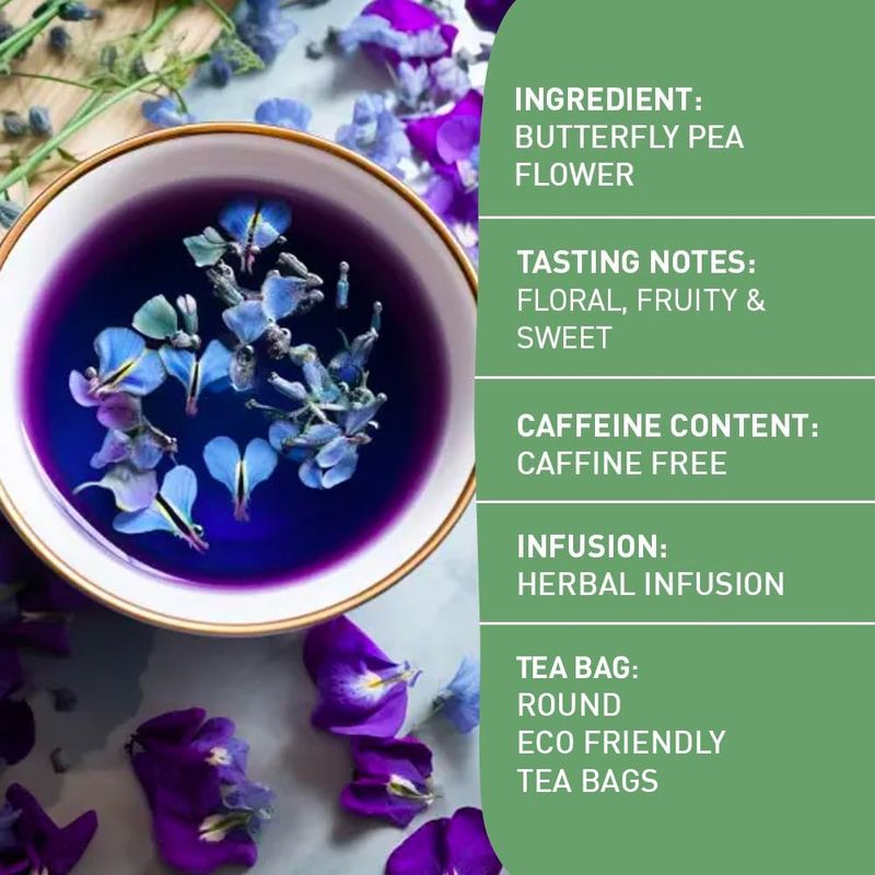 HANDPICK, Butterfly Pea Flower Tea (100 Herbal Tea Bags) | Caffeine Free, Non GMO | Premium Dried Butterfly Pea Flowers For Blue &amp; Purple Drinks, Food Coloring | Iced Teas, Coolers, Cocktails
