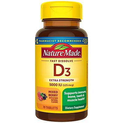 Nature Made Extra Strength Vitamin D3 5000 IU (125 mcg), Vitamin D Supplement for Bone, Teeth, Muscle, Immune Health Support, 70 Sugar Free Fast Dissolve Tablets, 70 Day Supply