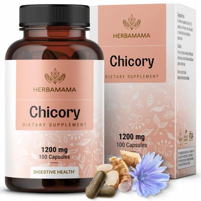 HERBAMAMA Chicory Inulin Capsules - 1200 mg Chicory Root for Digestive Health - Inulin Prebiotic Fiber Gut Health Supplement - Vegan, Non-GMO - 100 Caps