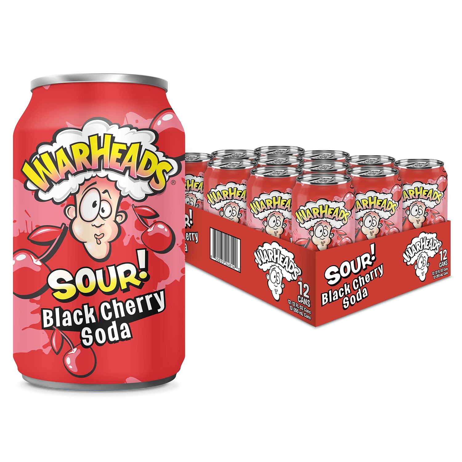 Sour Fruity Soda with Classic Warheads Flavors - Perfectly Balanced Sweet and Sour Soda - Warheads Candy Throwback Treat, Soda, Cocktail Mixer, Pack of 12, 12oz Cans (Black Cherry)
