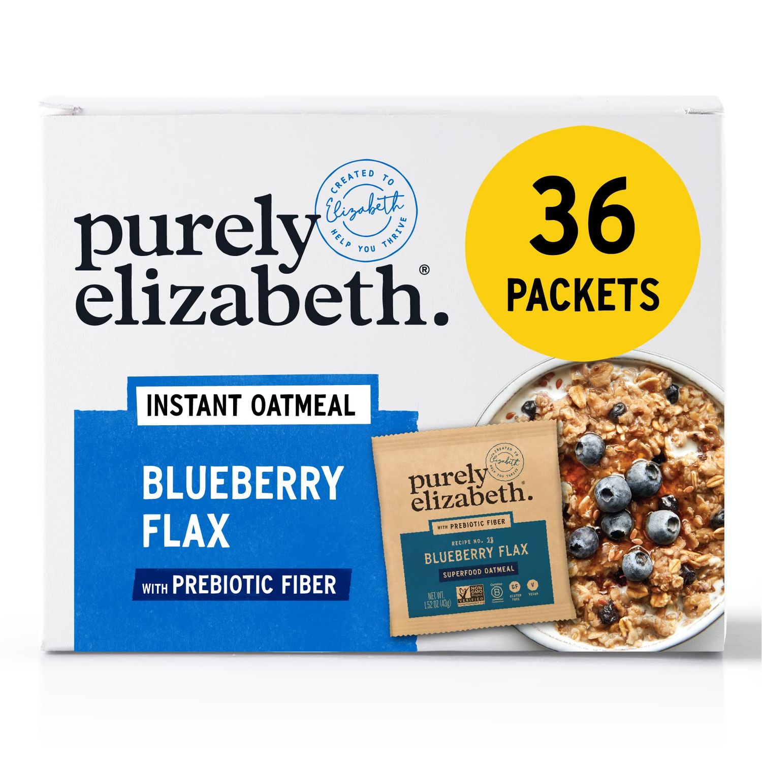 Purely Elizabeth Blueberry Flax Superfood Oatmeal, with Prebiotic Fiber, Gluten Free &amp; Non-GMO, 9.12 Oz (Pack of 6)