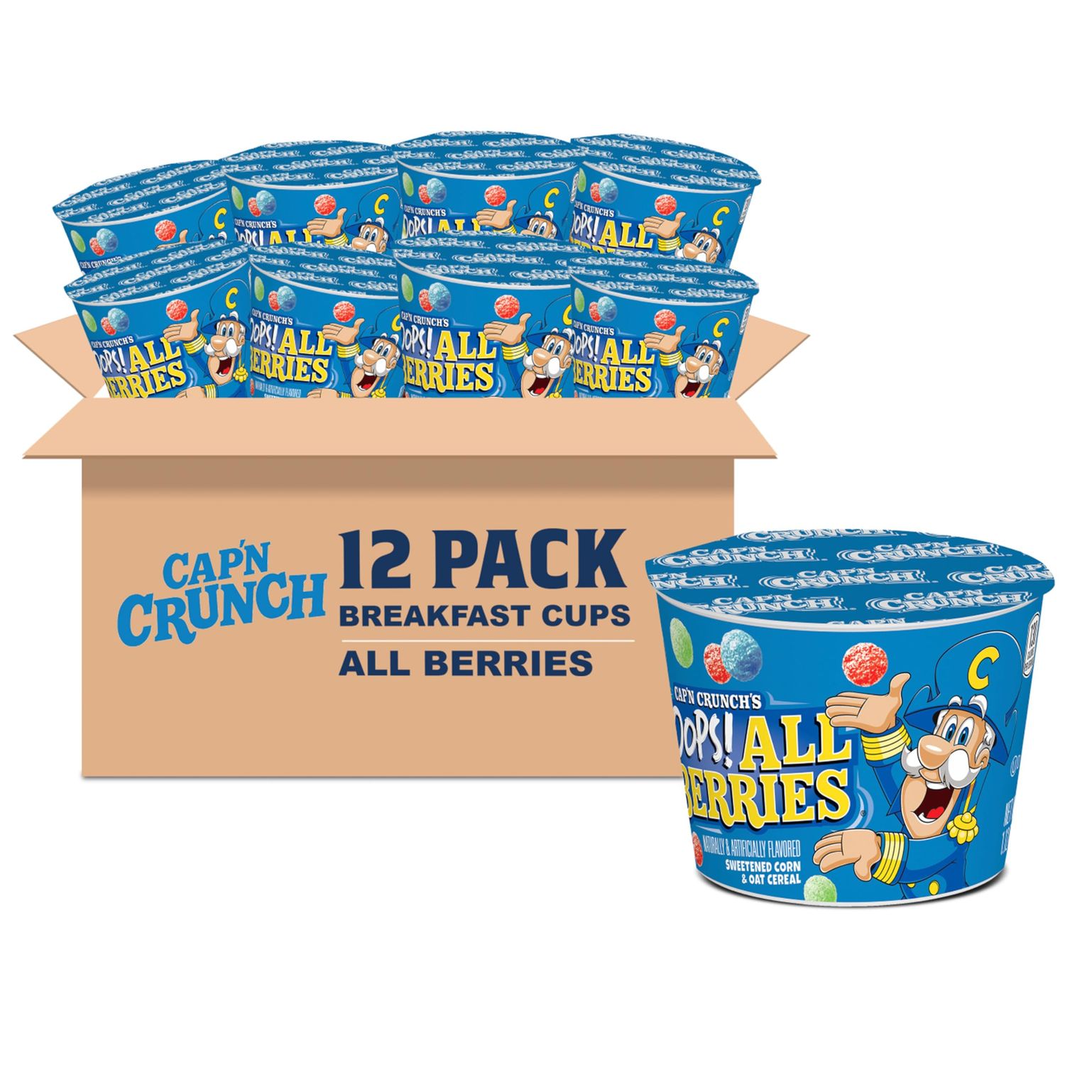 Cap&#39;n Crunch Breakfast Cereal, Oops All berries, 1.12 Oz Individual Cups (12 Pack)