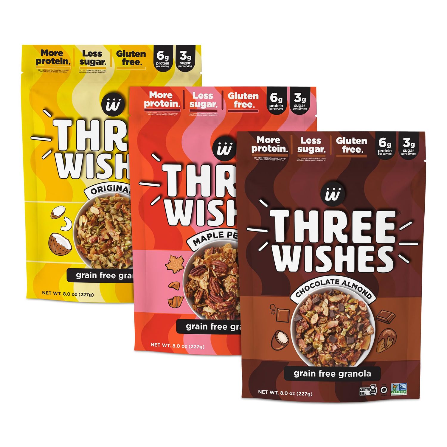Three Wishes Granola, Variety Pack (3-Pack) - Gluten Free Granola, 6g Protein &amp; 3g Sugar Healthy Breakfast &amp; On-the-Go Snack - Vegan, Kosher &amp; Grain-Free