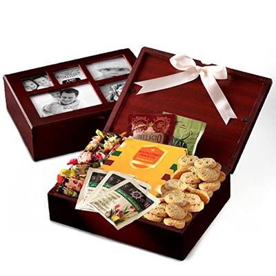 Broadway Basketeers Photo Gift Box with Lid, Gourmet Food, Tea &amp; Cocoa Snacks Care Package 10.16 gr