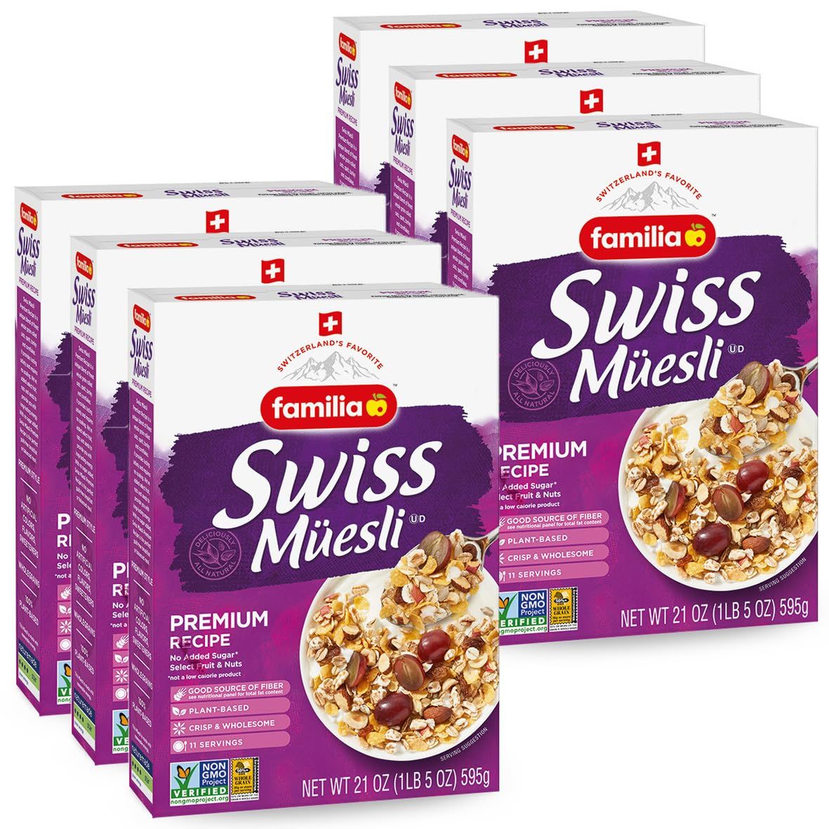 Familia Swiss Muesli Cereal, Premium Recipe with Spelt Flakes, Krispies, Fruit and Nuts, 0g Added Sugar, 21 Ounce (Pack of 6)