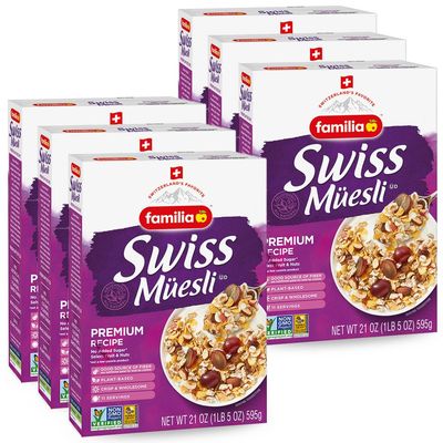 Familia Swiss Muesli Cereal, Premium Recipe with Spelt Flakes, Krispies, Fruit and Nuts, 0g Added Sugar, 21 Ounce (Pack of 6)