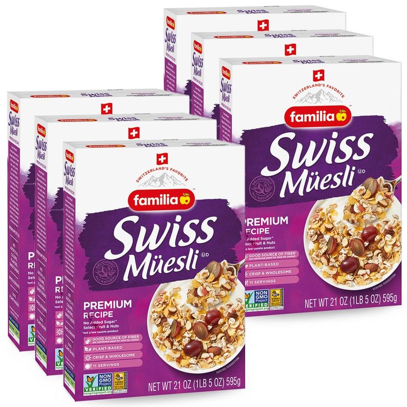 Familia Swiss Muesli Cereal, Premium Recipe with Spelt Flakes, Krispies, Fruit and Nuts, 0g Added Sugar, 21 Ounce (Pack of 6)