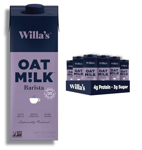 Willa&#39;s Organic Oat Milk - Barista Oat Milk, Shelf Stable Milk, Organic Non GMO Oat Milk Unsweetened, Low Sugar Oatmilk (1g), Non Dairy Milk Made from Whole Grain Oats, 32 Oz - Pack of 6