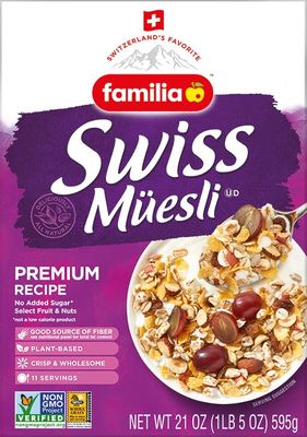 Familia Swiss Muesli Cereal, Premium Recipe with Spelt Flakes, Krispies, Fruit and Nuts, 0g Added Sugar, 21 Ounce (Pack of 6)