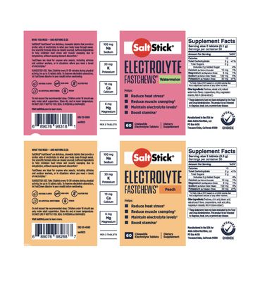 SaltStick FASTCHEWS Variety 2-Pack - 60 Count Bottles of Peach &amp; Watermelon with Race Ready Tube