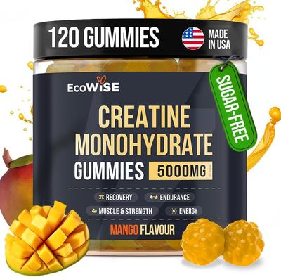EcoWise Wellness Creatine Monohydrate Gummies 5g, Chewables Gummies for Men &amp; Women, Increase Strength &amp; Build Muscle, Energy Boost - Gluten-Free, Sugar Free, Vegan - 120 Count, Mango