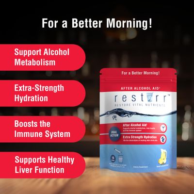 restirr After Alcohol Aid: Supports Liver Health, Metabolism, Immune System with DHM, Milk Thistle, B-Complex with Extra Strength Hydration. 16 Stick Packs