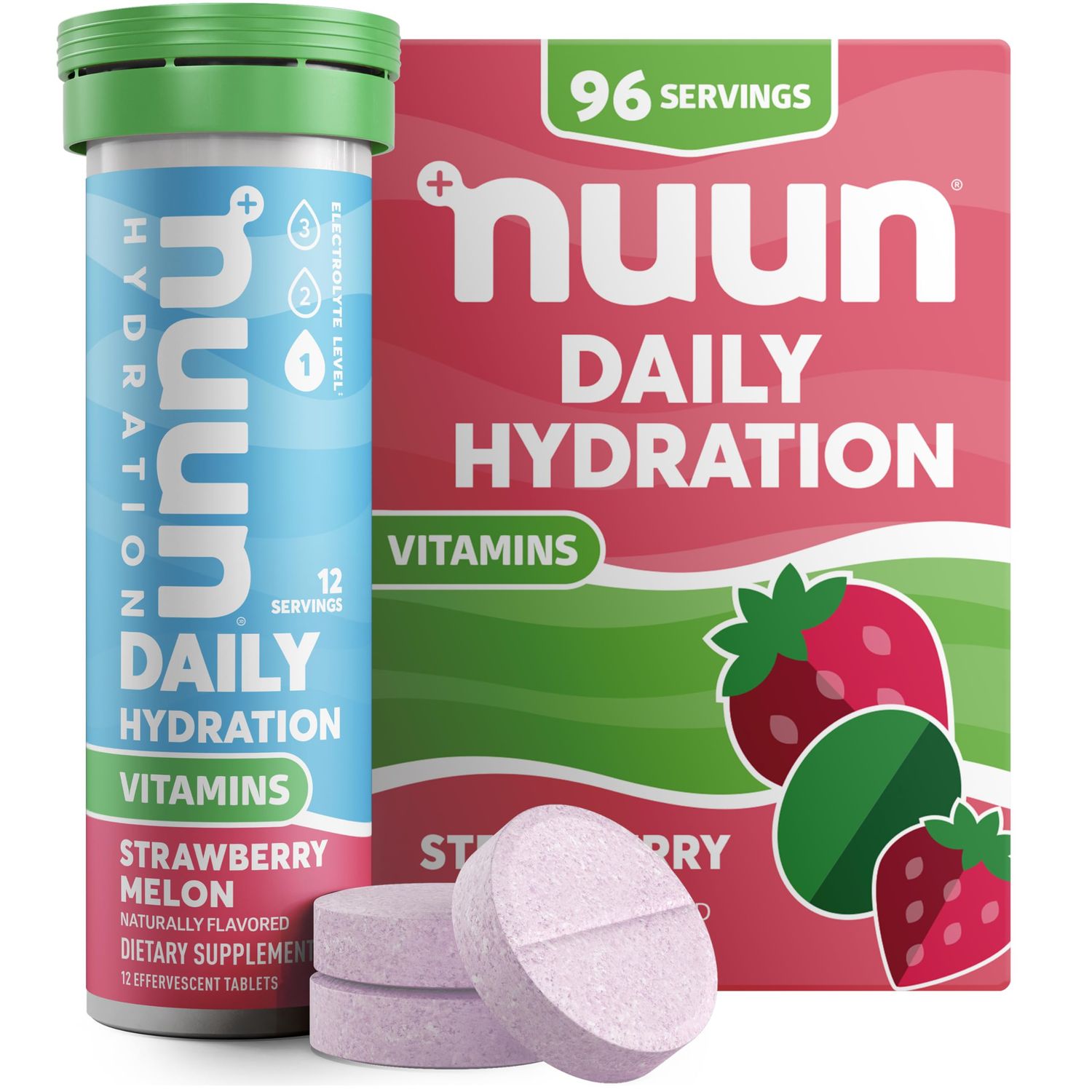 Nuun Hydration Vitamins Electrolyte Tablets, Strawberry Melon, 5 Essential Electrolytes for Hydration + Vitamin A, B6, C, D, E, with Magnesium, Vegan, Non-GMO, 8 Pack (96 Servings)