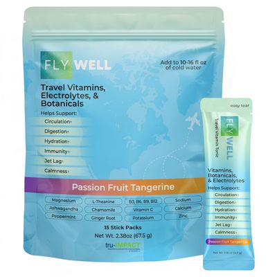 FlyWell Travel Vitamin Tonic for Flight, Jet Lag, Hydration, Circulation, Digestion &amp; Immune Support, Promotes Calmness, Electrolyte Powder, Travel Essentials, Passion Fruit Tangerine, 15 Sticks