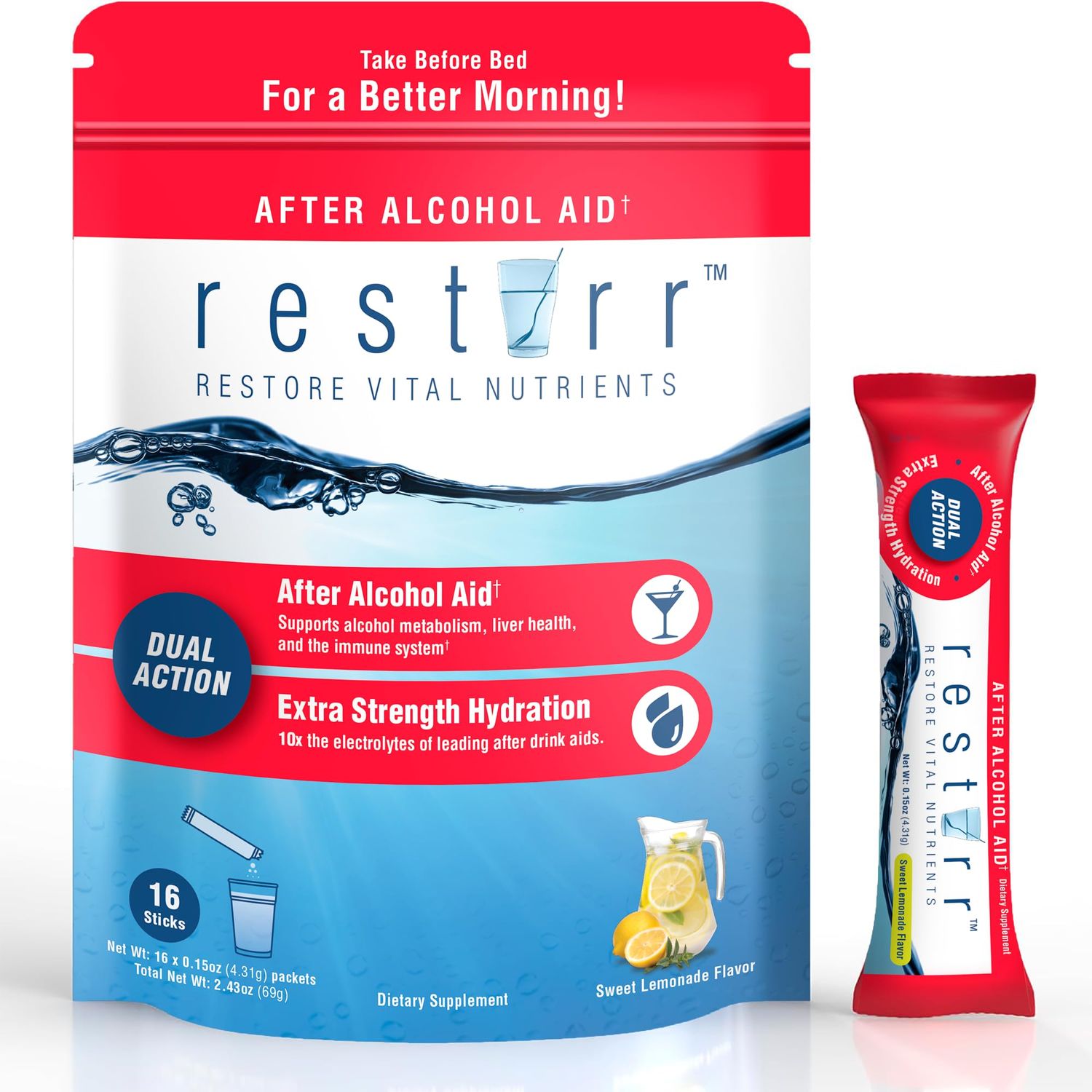 restirr After Alcohol Aid: Supports Liver Health, Metabolism, Immune System with DHM, Milk Thistle, B-Complex with Extra Strength Hydration. 16 Stick Packs