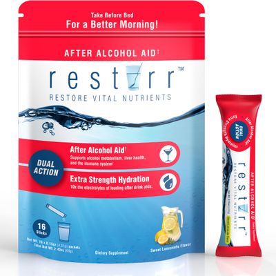 restirr After Alcohol Aid: Supports Liver Health, Metabolism, Immune System with DHM, Milk Thistle, B-Complex with Extra Strength Hydration. 16 Stick Packs